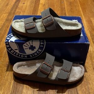 Birkenstock Arizona BS Stone Fur Lined Leather Narrow Womens US 9 WD